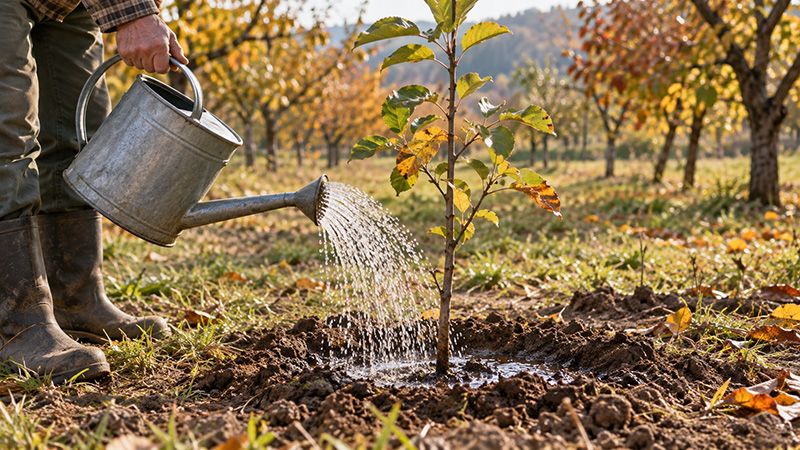 Watering a Young Tree in Autumn